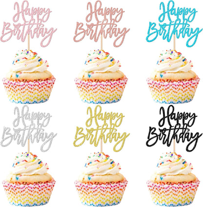 24 PCS Happy Birthday Cupcake Toppers Glitter Picks for Celebrating Anniversary Theme Party Cake Decorations Supplies Gold