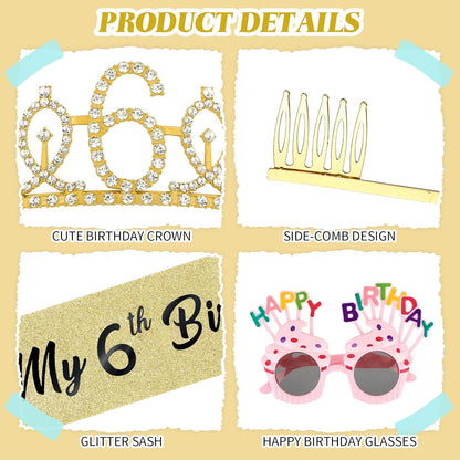 YARIEW 3rd Birthday Decorations, 3rd Glitter Purple Sash and Crown Kit with Happy Birthday Sunglasses, Tiara Princess Crown and Sash Party Outfit Accessory