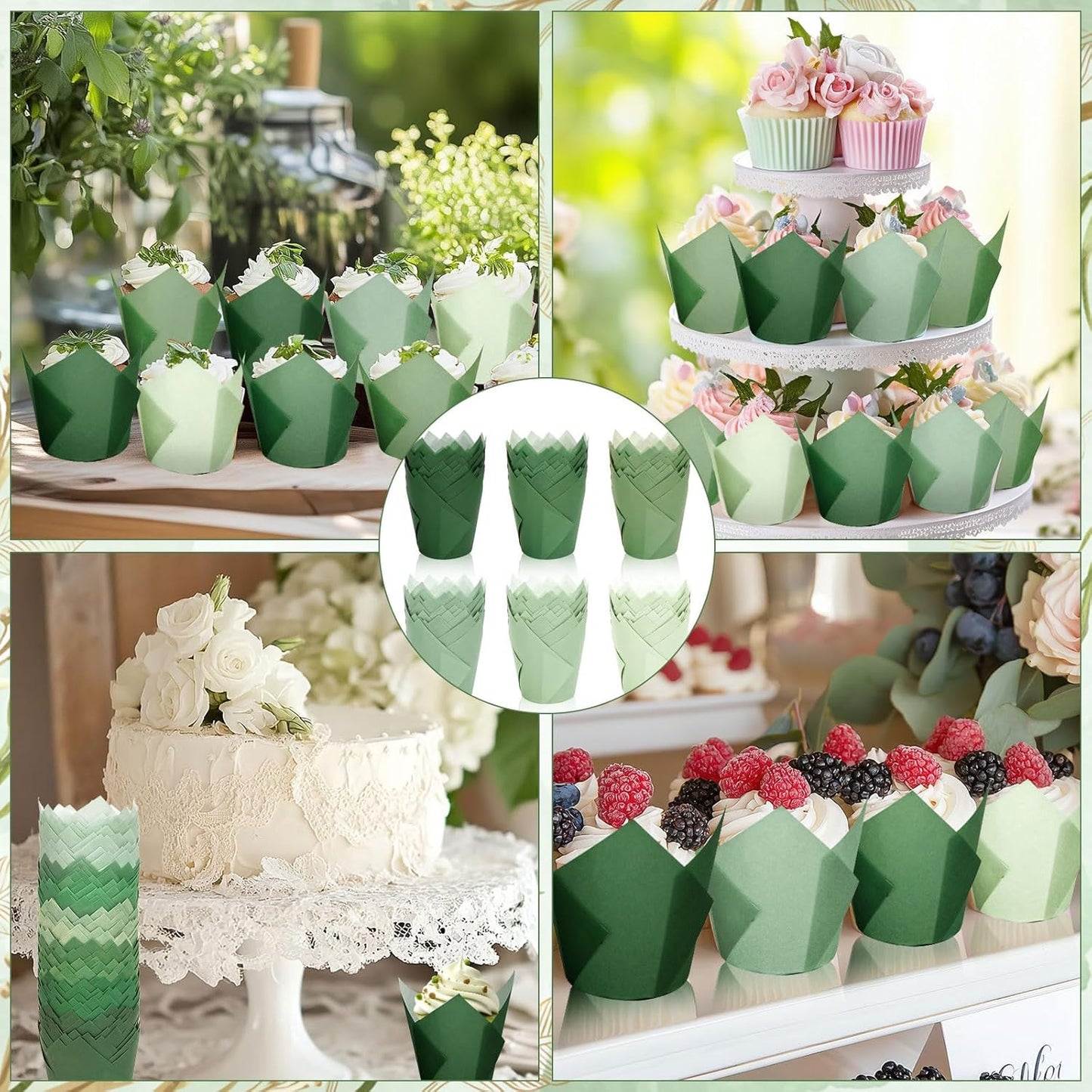 FYSUIMU 180Pcs Sage Green Tulip Cupcake Liners Gradient Green Muffin Baking Cups Cupcake Wrappers for Wedding Bridal Shower Spring Holiday Party Supplies