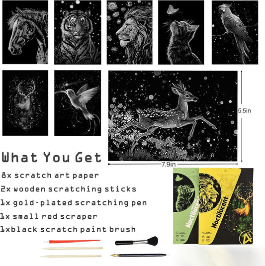 8 Sheets Scratch Art Noctilucent Rainbow Scratch Paper Scratch Painting Art Adults Paint by Scratch Kit for Arts and Crafts Gift（ Animal Elf ）