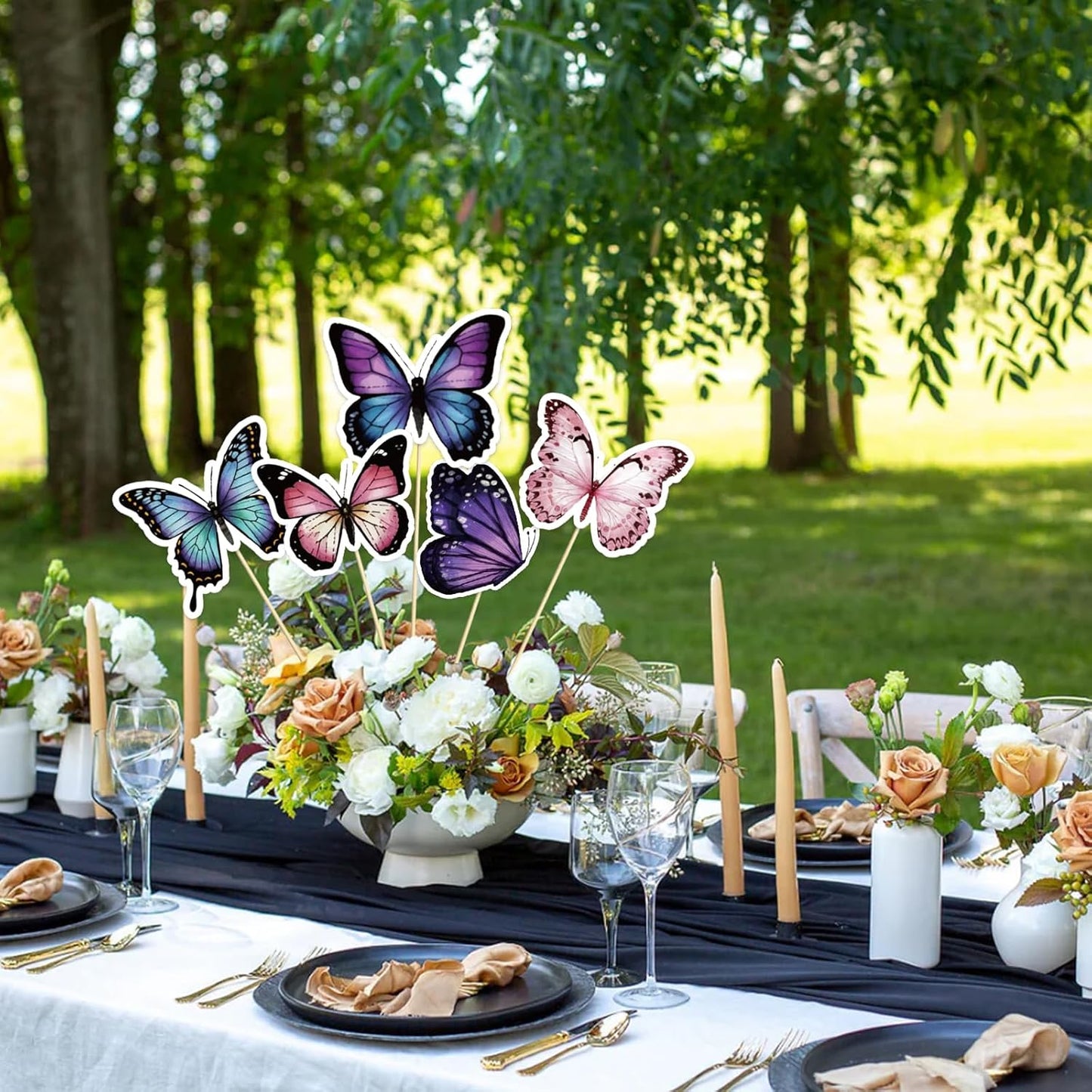 Beautiful Butterfly Centerpiece Sticks - Floral Baby Shower or Birthday Table Toppers - Butterfly Themed Gender Reveal Bridal Shower Party Decoration- Set of 15