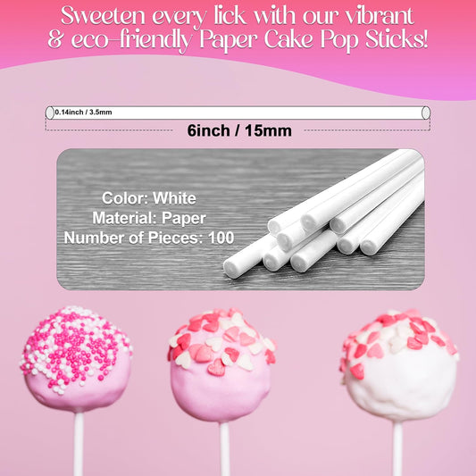 6-Inch White Paper Cake Pop Sticks - Premium 100 Pack | Perfect for Lollipops, Cookies, Chocolate Cake Toppers | Versatile Baking & Crafting Accessory