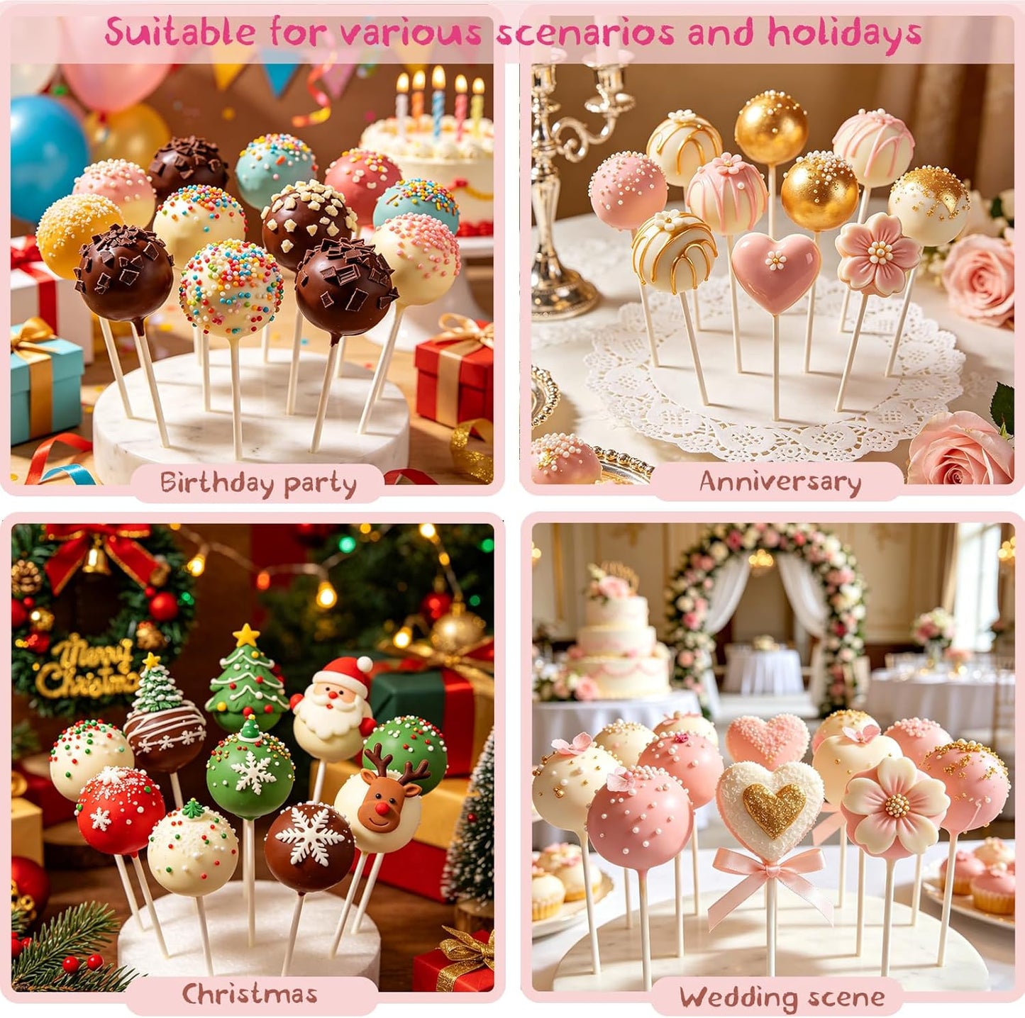 Basquei Cake Pop Sticks 6 Inches, Cake Pop Bags (3.9"X4.7"), Pink Metallic Twist Ties, 300 Pcs Cake Pop Kit Used for, Lollipops Cake, Candies, Chocolates Making Tools