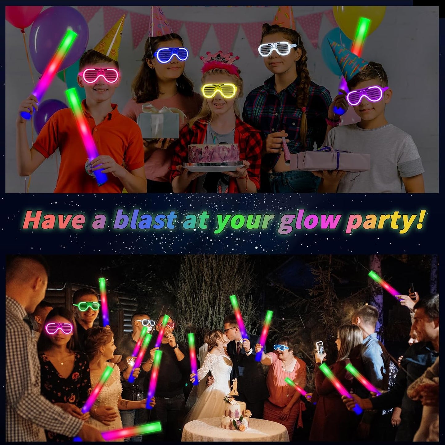 Oleitodh Glow in the Dark Party Supplies Set Bulk Neon Party Favor Toys Includes 30 Led Light up Glasses 10 Color 30 Light up Foam Sticks Bulk for Disco Wedding Birthday Concert Halloween Raves Party