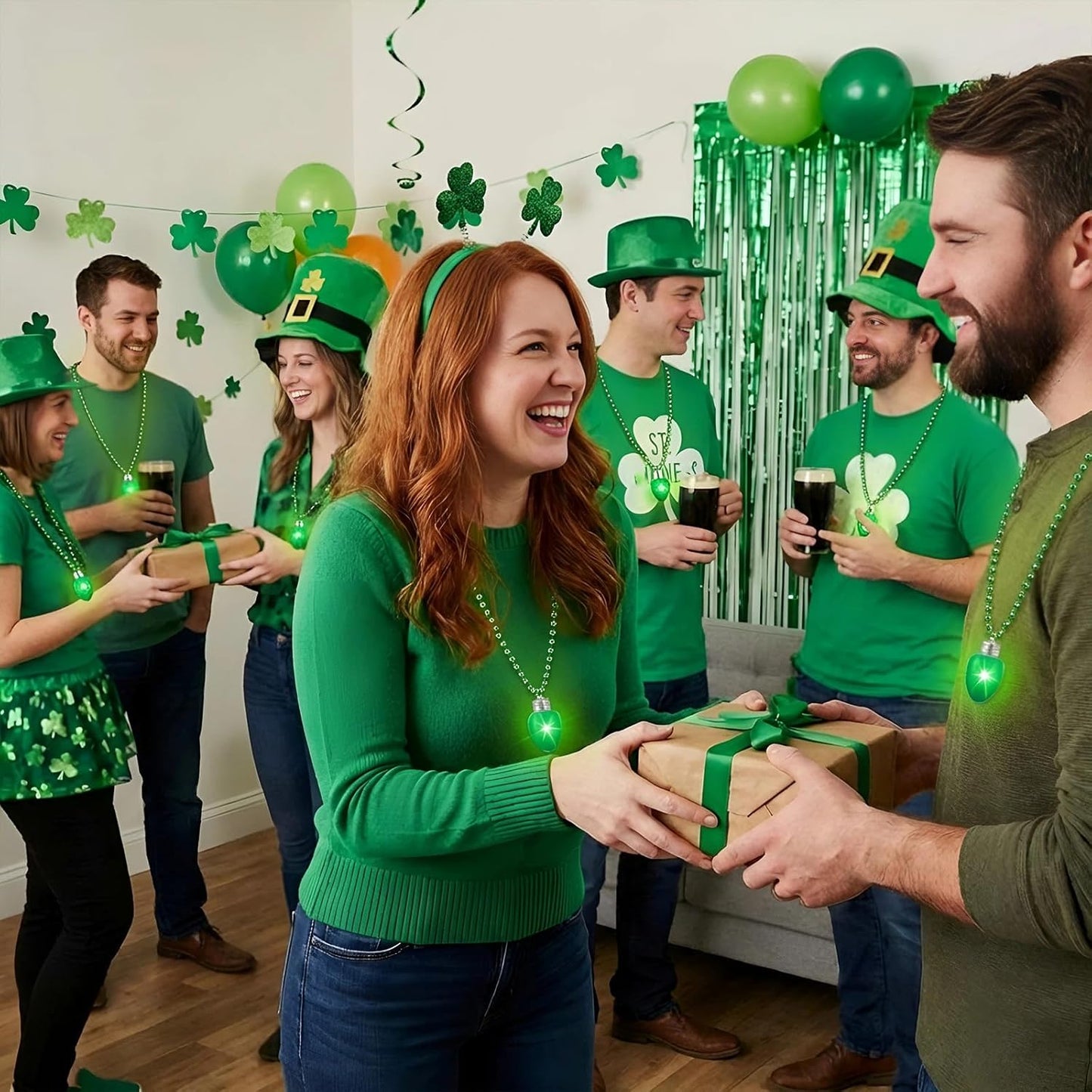Ferreve 12 Pcs St Patricks Day Light up Beads Necklace Bulk LED Saint Patricks Day Lanyard Bulb Necklaces with 3 Light Modes Glow Tossing Beads for Irish Parade Party Favors Accessories (Green)