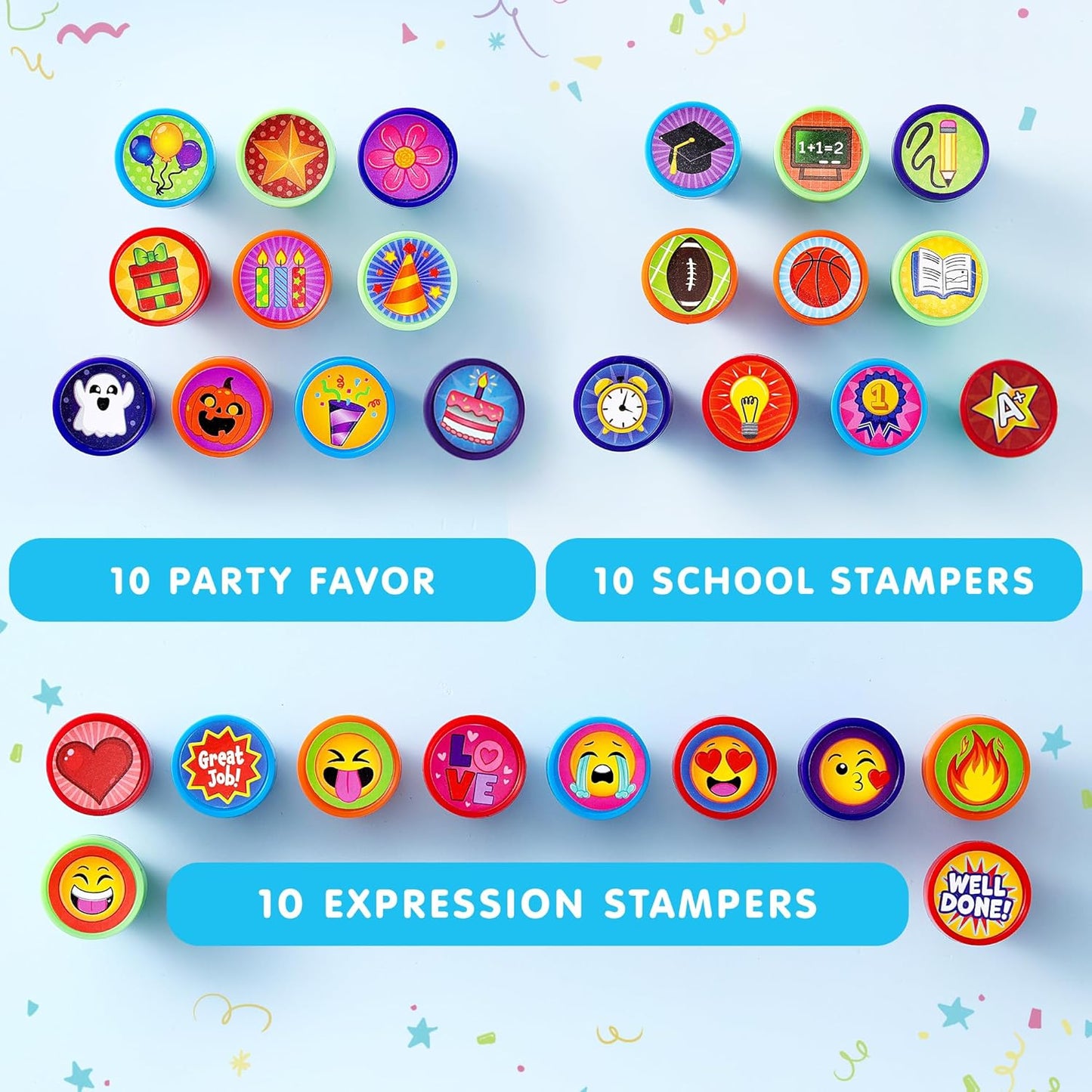 JOYIN 50 Pcs Assorted Stamps for Kids - Self-Ink Stamps with 50 Designs for Birthday Party Favor, Carnival Prizes, School Stampers, Goodie Bag, Classroom Treasure Box Toys (Zoo, Holiday Stampers)