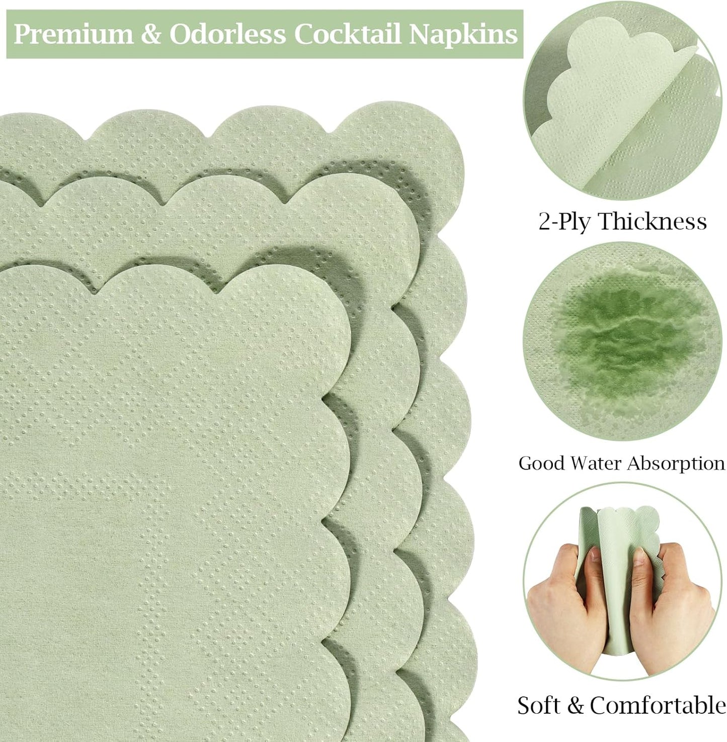 100 Pcs Cocktail Napkins, 2-Ply 5 x 5 Inches Disposable Scalloped Napkins, Thick Premium Dessert Napkins for Party, Wedding, Dinner, Birthday, Anniversary, Festival (Sage Green)