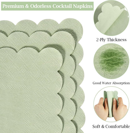 100 Pcs Cocktail Napkins, 2-Ply 5 x 5 Inches Disposable Scalloped Napkins, Thick Premium Dessert Napkins for Party, Wedding, Dinner, Birthday, Anniversary, Festival (Sage Green)