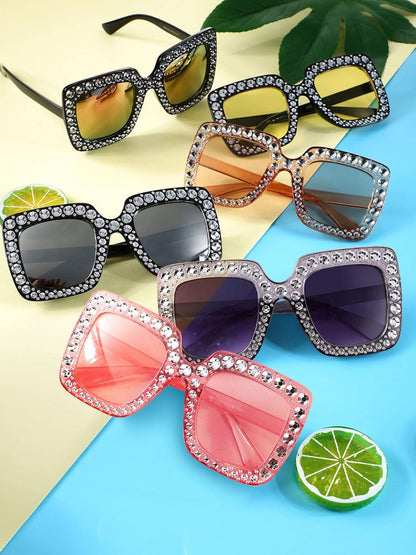 Frienda 6 Pairs Rhinestone Oversized Square Sunglasses 70s Women Dazzled Sunglasses for Disco Party Concert Photo Props