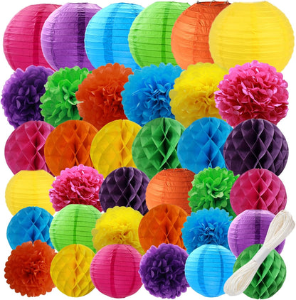 WOLHOWLTD Mermaid Theme Paper Decoration Set - 33 Pcs Paper Lanterns, Pompoms, Honeycomb Decorations for Mermaid Theme, Baby Shower,Wedding Rainbow Birthday Party Home Decoration(Pink Blue Purple)