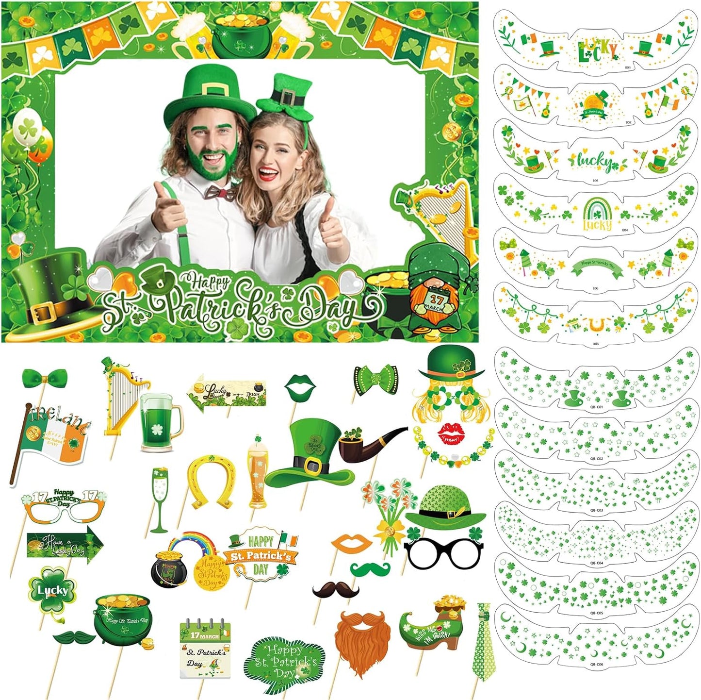 47 PCS St Patrick's Day Photo Booth Props Kit - Funny Couple Handheld Frames & Selfie Decorations for Party (34 Props, 12 Tattoos & Handheld Frame
