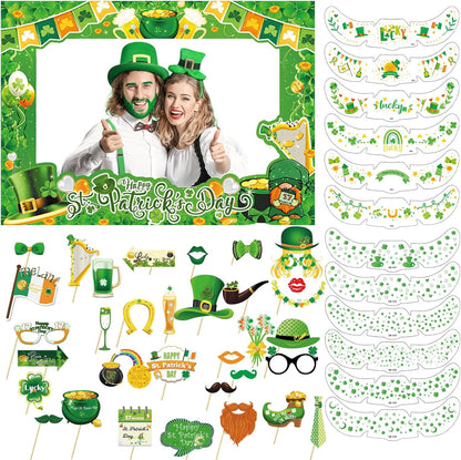 47 PCS St Patrick's Day Photo Booth Props Kit - Funny Couple Handheld Frames & Selfie Decorations for Party (34 Props, 12 Tattoos & Handheld Frame