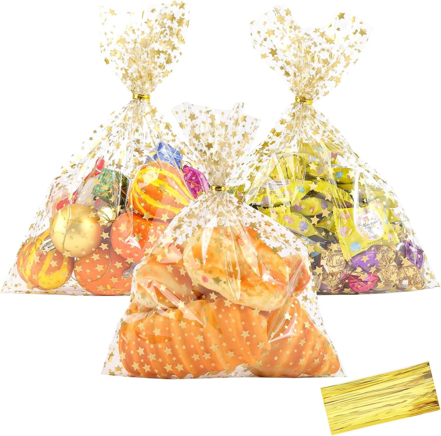 100 Pcs Star Printed 5"X 7" Gift Wrap Cello Cellophane Treat Bags Party Favor bags Clear Candy Cookie Bag Plastic Poly Goodie Storage Bag with Twist Ties for Bakery,Birthday, Wedding ,Party Decorations (Gold)