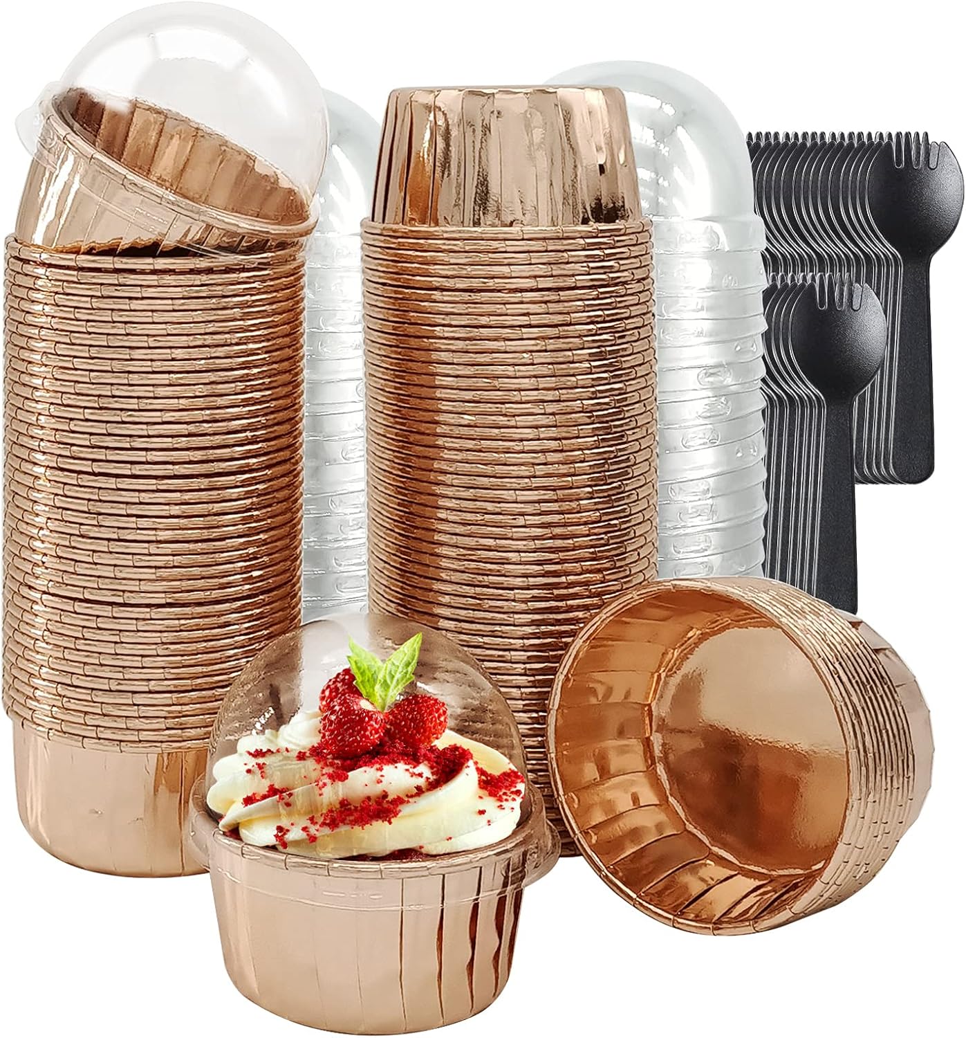 Cupcake Liners with Lids 50 Pack,LNYZQUS 5oz Large Foil Cupcake Cups Muffin Tins,Disposable Baking Cups Muffin Liners Wrappers Holders for Wedding Valentine-Pink in gold