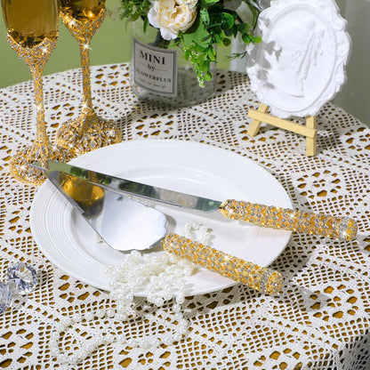 Sratte 4 Pcs Wedding Cake Knife and Champagne Flutes Server Set, Toasting Crystal Rhinestone Champagne Flutes Glasses Cake Knife Pie Server Wedding Gifts for Couple Bride Groom(Gold)