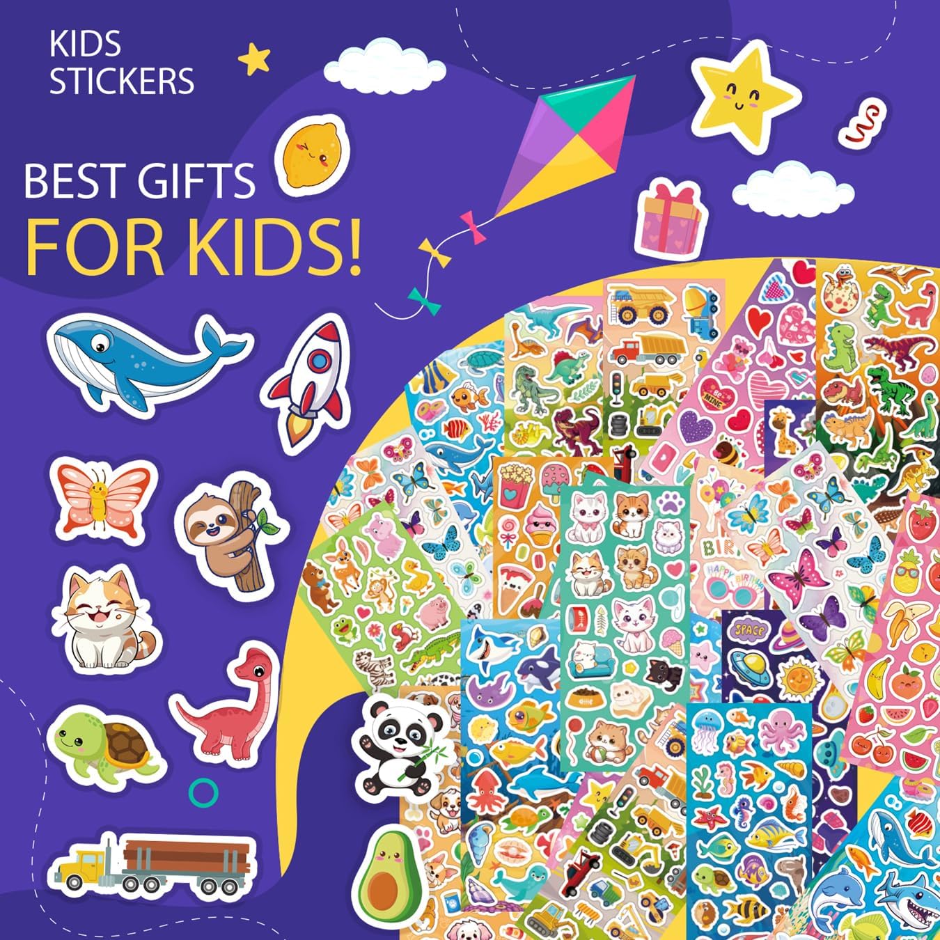 KARSLORA 36 Sheets Stickers for Kids, 800+ Stickers for Scrapbooking Including Animals, Fruits, Dinosaurs, Hearts, Cats, Fish, Cars, Space and More, Party Favors for Kids