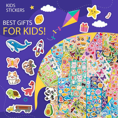 KARSLORA 36 Sheets Stickers for Kids, 800+ Stickers for Scrapbooking Including Animals, Fruits, Dinosaurs, Hearts, Cats, Fish, Cars, Space and More, Party Favors for Kids
