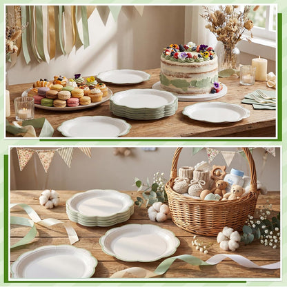 NatNarr 30 Pcs Sage Green Paper Plates, 7 Inch Scalloped Paper Plates Small Dessert Cake Plate Cute Party Plate Disposable Sage Greens Party Supplies for Wedding, Baby Bridal Shower, Birthday