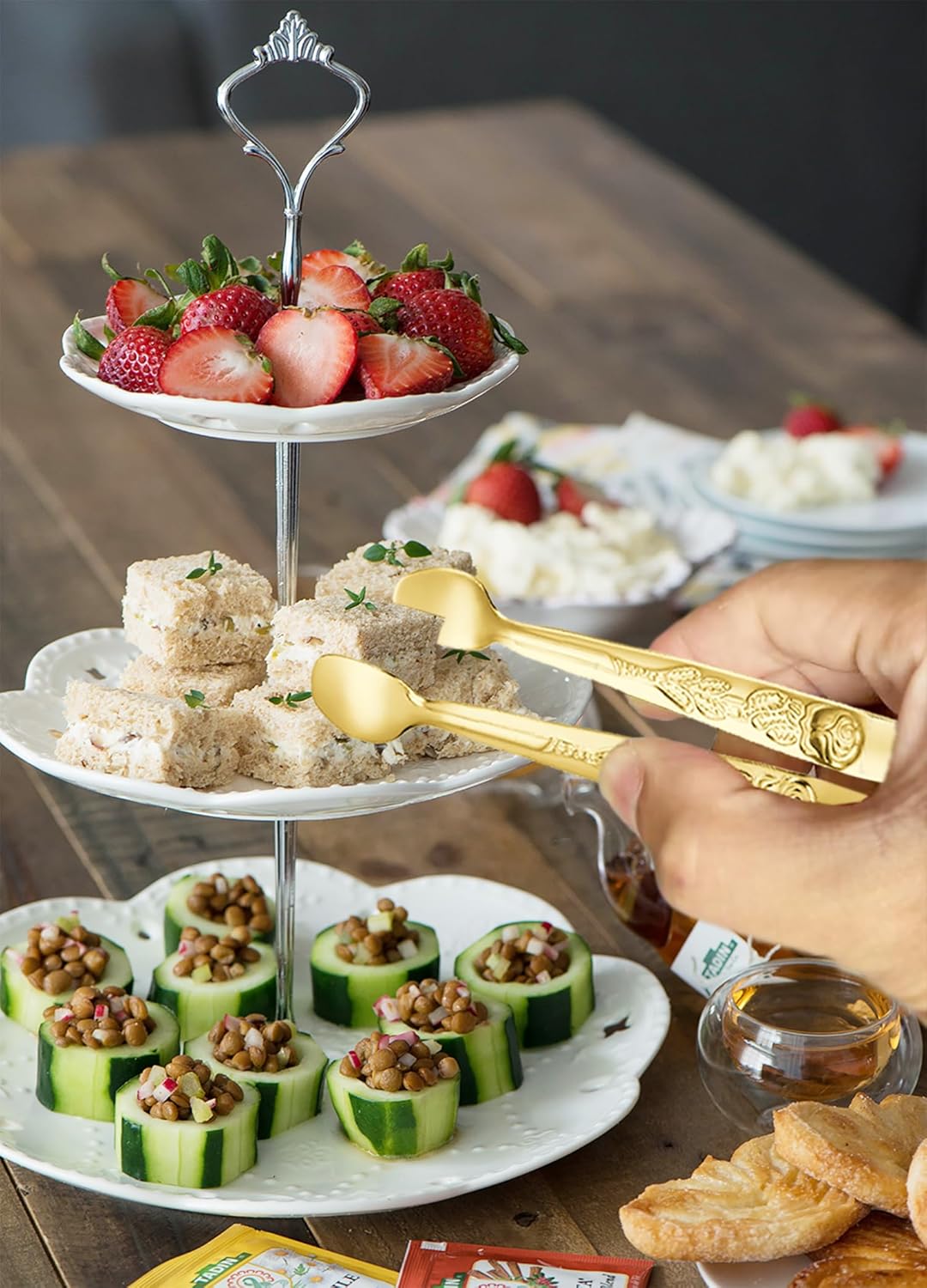 HINMAY 6PCS Mini Serving Tongs 4 Inches Small Rose Sugar Cube Tongs (Gold)