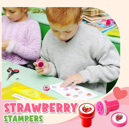 MotiMind 24 Pcs Strawberry 12 Designs Stampers Berry First Birthday Party Favors, Self-Inking Mini Stampers for Kids, School Rewards, Goodie Bag Fillers, Carnival Prizes, DIY Craft, Shortcake