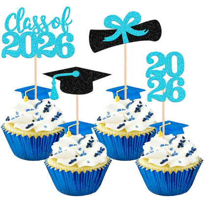 36 PCS 2026 Graduation Theme Cupcake Toppers Glitter Class of 2026 Grad Cap Diploma Cupcake Picks 2026 Graduation Theme Party Cake Decorations Supplies Deep Blue