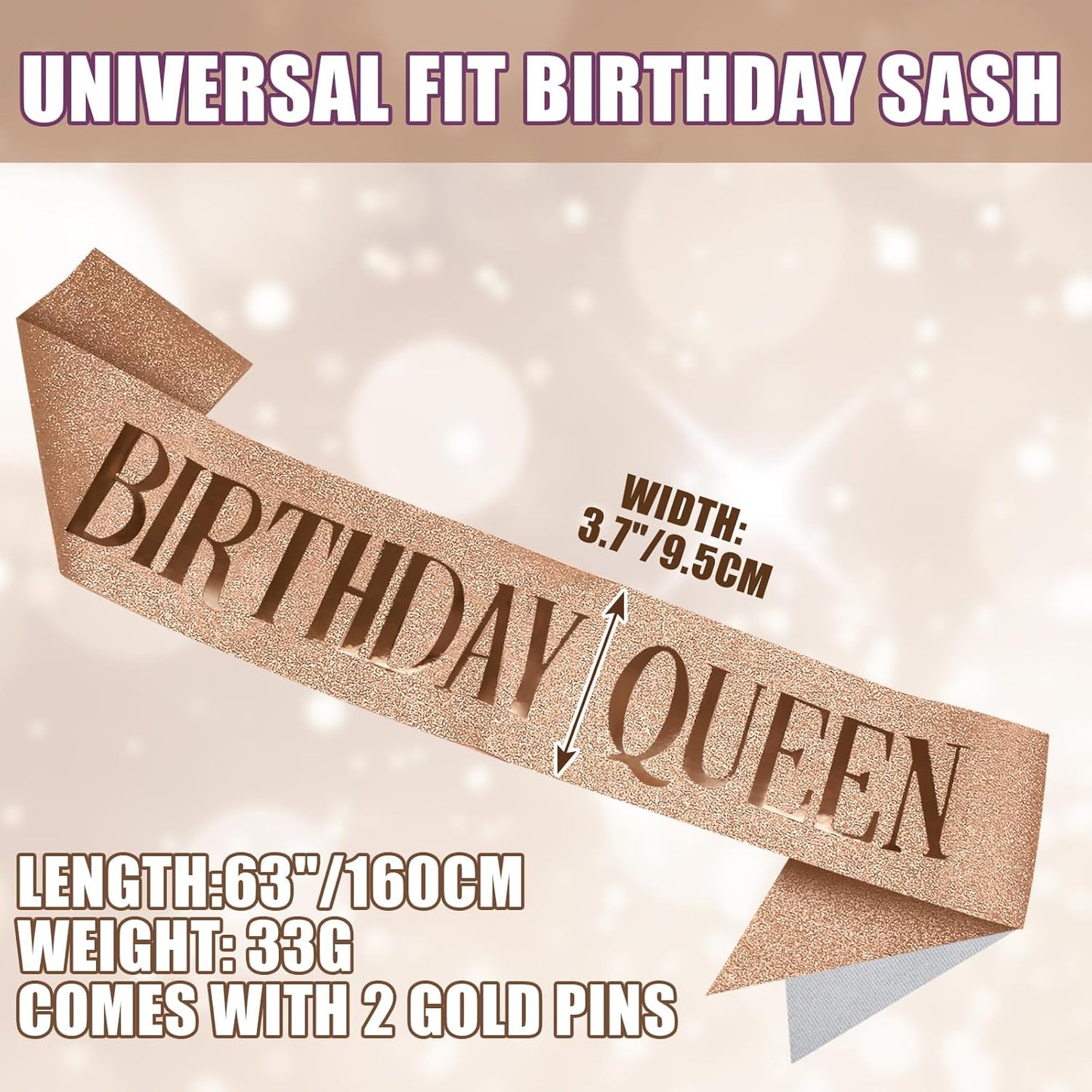 RUDONG M Birthday Queen Sash Glitter - Gold Birthday Sash for Women & Girls | Sweet 16/18th/21st/30th/40th/50th/60th/70th, All-Age Celebration Party Decor