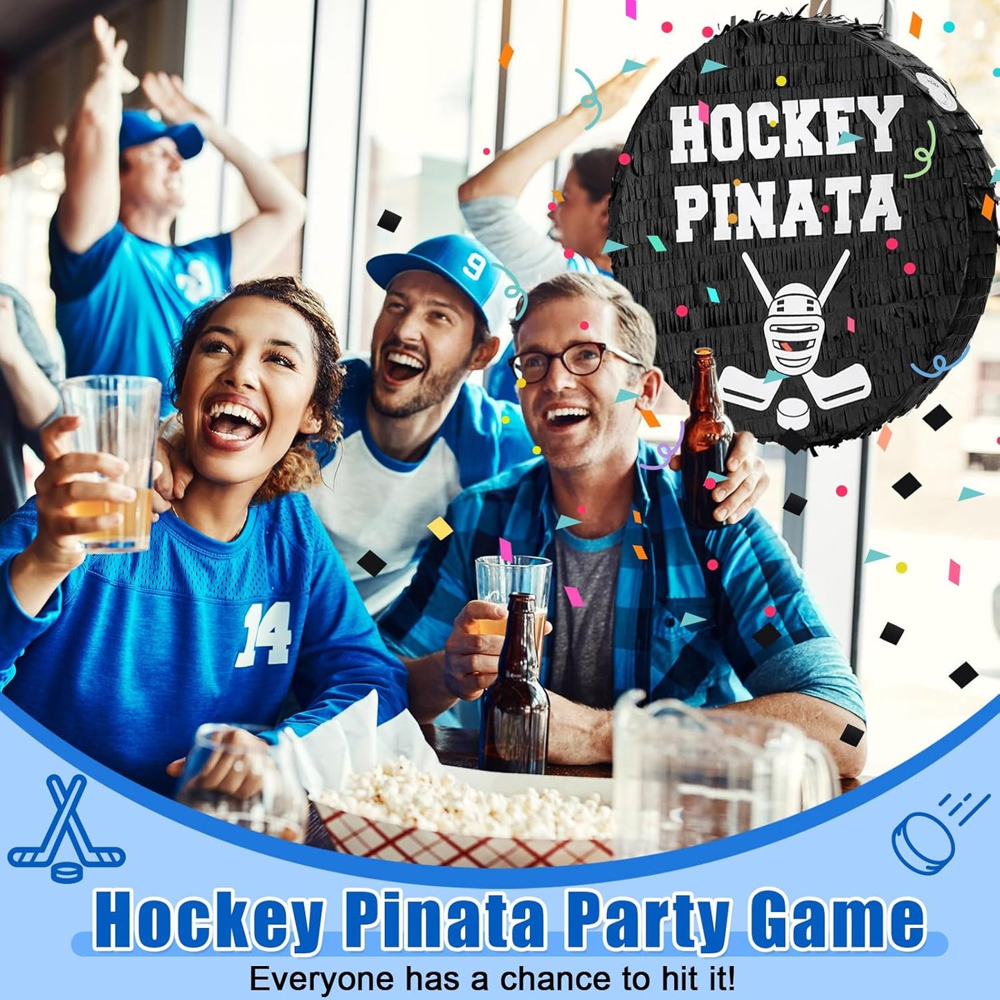 Jenaai 4 Pcs Hockey Party Favors Include 16" Hockey Piñata Bat Blindfold Piñata Stick and Confetti Bag for Hockey Theme Birthday Party Sports Party Reward Victory Celebration