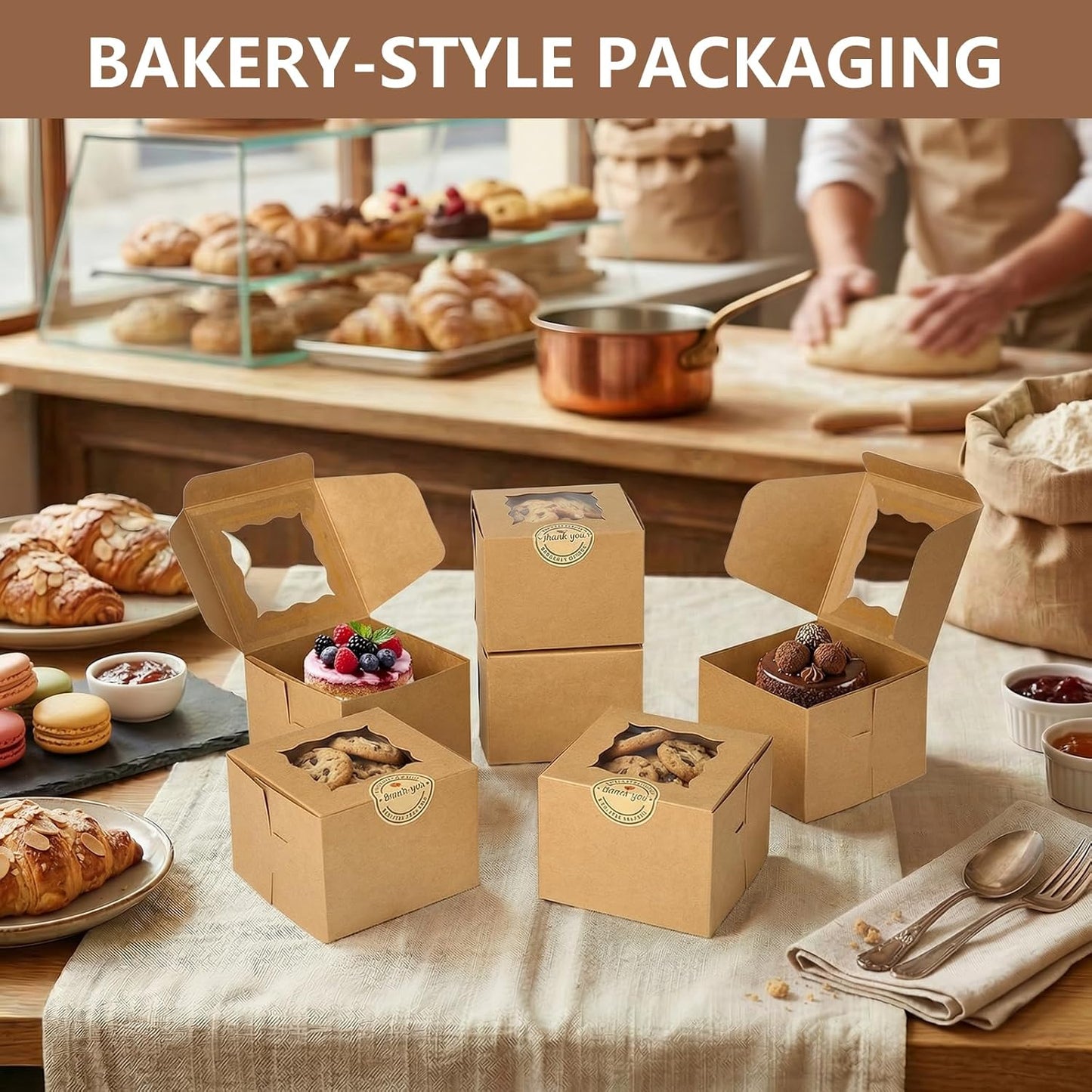 80 Pack Cookie Boxes with Window, 4x4x2.5 Inch Kraft Bakery Boxes for Treats, Desserts, Mini Cakes, Cookies, Pastries, Donuts, Macarons, Strawberries, Chocolate & Gift Giving (Brown, with Stickers)
