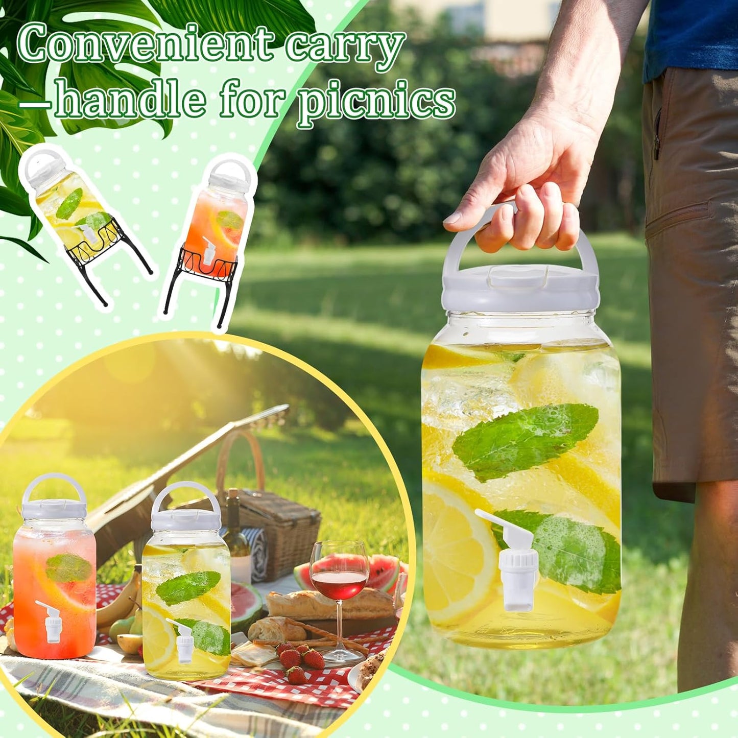 Tanlade 2 Pcs Plastic Drink Dispenser with Stand Beverage Dispenser with Sturdy Metal Base Juice Jar for Parties Lemonade Jar Spigot for Weddings Countertop Water, Each 1 Gallon (Gold)