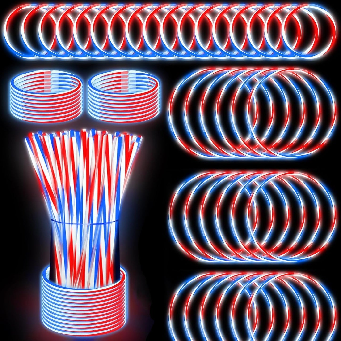 200 PCS 4th of July Glow Sticks Bulk with Connectors,Red White Blue 3 Colors In 1 Glow in The Dark Stick, Light Up Bracelets & Necklaces for Kids & Adults, 250th Anniversary USA Party Favor Supplies