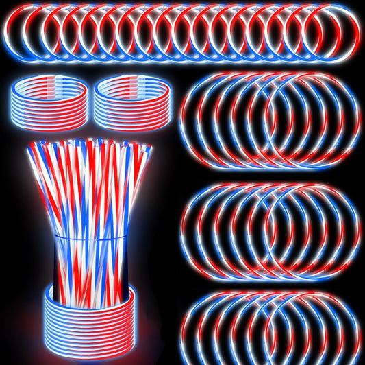 200 PCS 4th of July Glow Sticks Bulk with Connectors,Red White Blue 3 Colors In 1 Glow in The Dark Stick, Light Up Bracelets & Necklaces for Kids & Adults, 250th Anniversary USA Party Favor Supplies