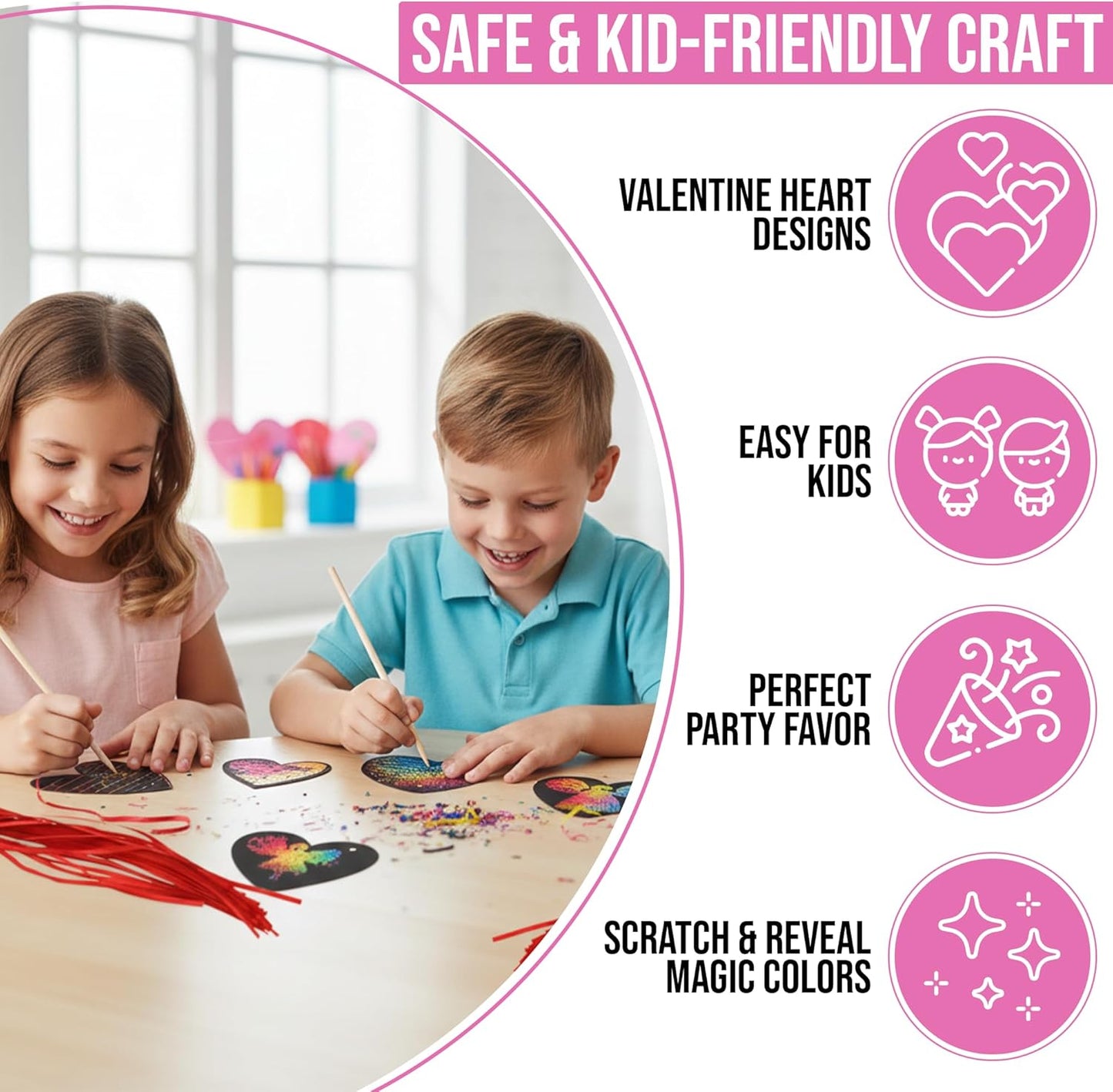 Iconikal Valentines Day 48 Ornament Cards with 24 Sticks Magic Scratch Art Hearts, Bulk Pack for Kids, Red, Pink and White Background