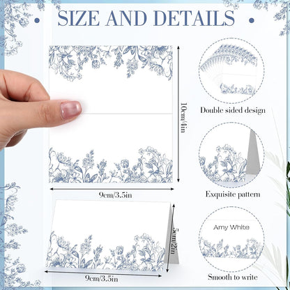 Dunzoom 100 Pcs Blue Floral Place Cards 3.5" x 2" Chinoiserie Blue White Flower Tented Name Card Blank Table Name Sign for Wedding Baby Shower Birthday Party Banquet Table Setting Supplies
