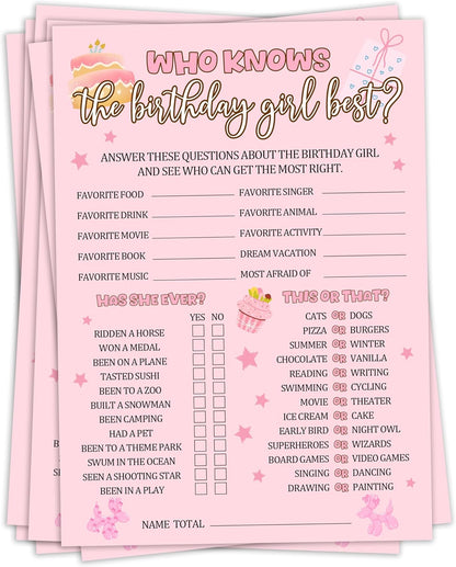 Birthday Party Games, Who Knows The Birthday Girl Best, 25 Pcs Double-Sided Fill-in Card Set for Guests, Fun Birthday Game for Teen Adults – A09