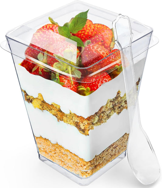 100 Pack 5 oz Dessert Cups with Lids and Spoons – Plastic Parfait Cups for Appetizer and Desserts be it, Mousse, Tiramisu, Pudding, or salads - Perfect for Parties