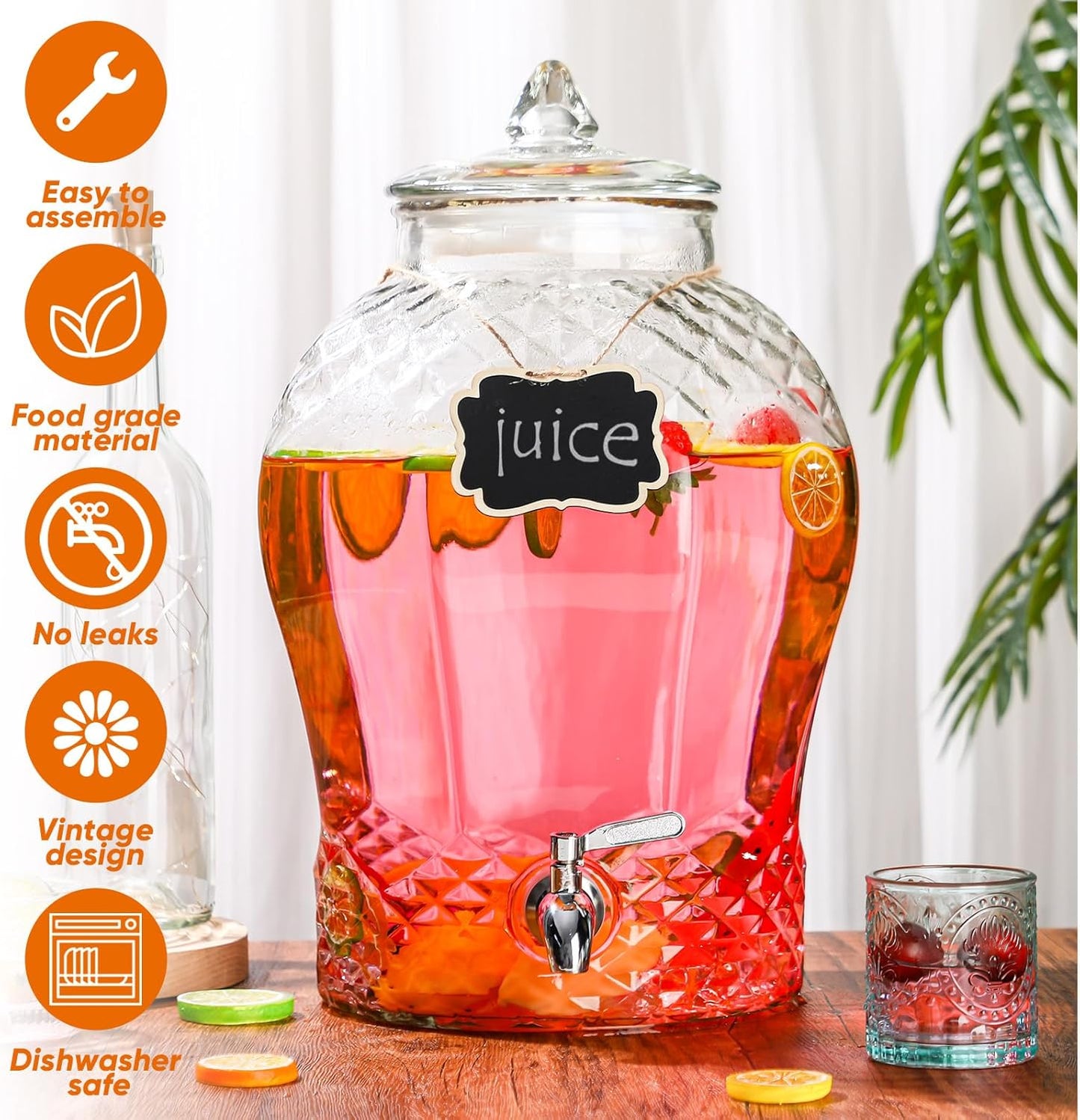 Baderke 5 Gallon Glass Drink Dispenser for Parties Beverage Dispensers Glass Water Dispenser with18/8 Stainless Steel Leakproof Spigot Hanging Chalkboard Signs Pen for Party Wedding (Fashion Style)