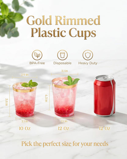 Nervure 120PCS Gold Plastic Cups - 9Oz Gold Rimmed Plastic Cups - Heavy Duty Disposable Clear Cup with Gold Rim Perfect for Weddings, Receptions & Parties