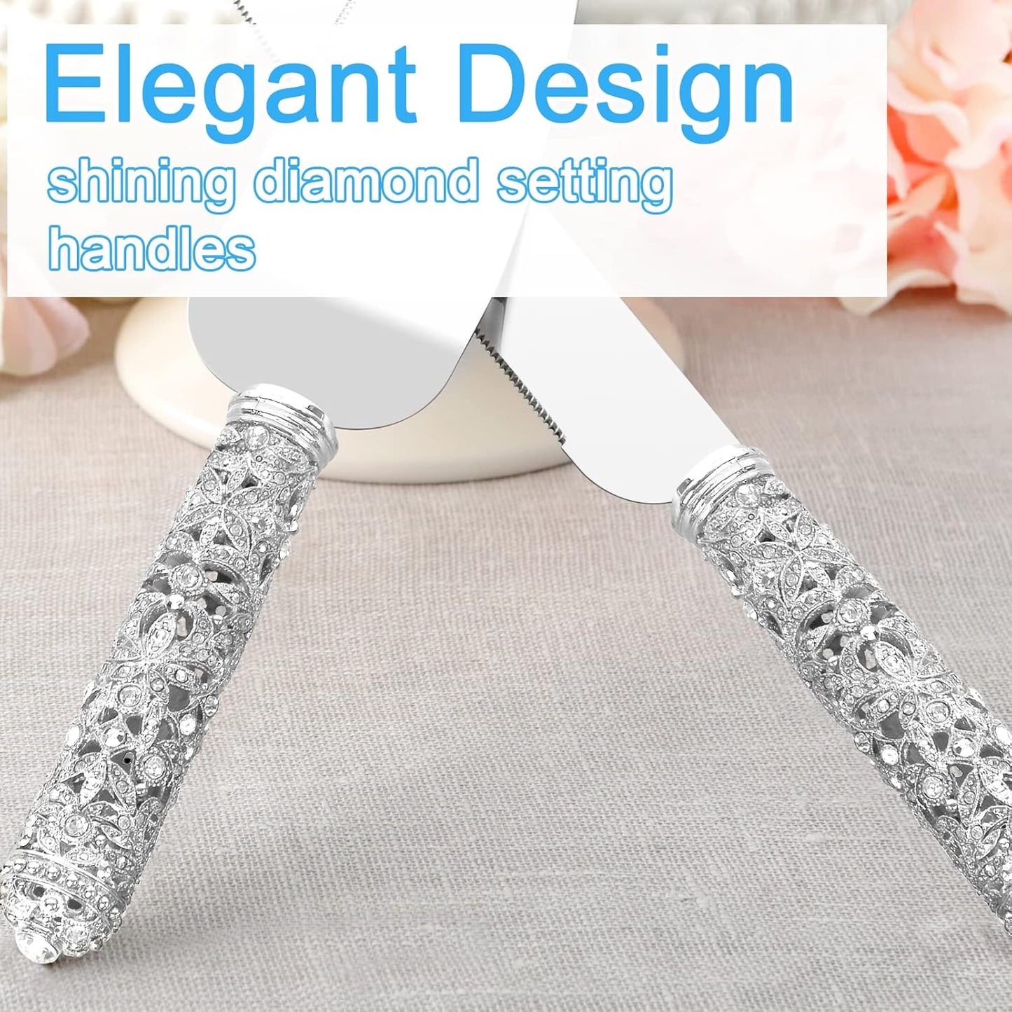 Gold Cake Knife and Server Set - 2 Piece Dessert Set Metal Handle with Crystal Stones Decoration for Wedding, Anniversary Party Birthday Banquets and Gifts for Bride and Groom