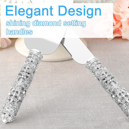 Gold Cake Knife and Server Set - 2 Piece Dessert Set Metal Handle with Crystal Stones Decoration for Wedding, Anniversary Party Birthday Banquets and Gifts for Bride and Groom