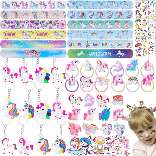 133Pcs Unicorn Party Favors Pack - Unicorn Theme Birthday Party Decoration with Bracelets, Hair Rings, Key Chains, Tattoos, Pinata Fillers