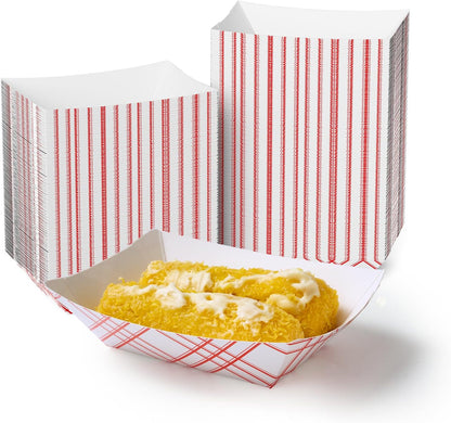 ECOLipak 100 Pack 3lb Paper Food Tray Red, Disposable Paper Boats, Food Holder Trays, Serving Boats for Taco Nacho Hot Dog Snack Fries Dessert Popcorn Sauce