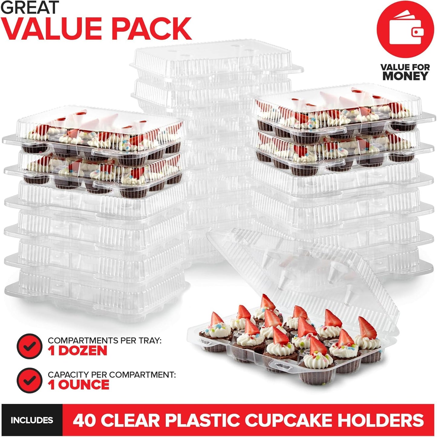 Stock Your Home Mini Disposable Plastic Cupcake Containers (40 Pack) 12 - Count Tray Compartment, Small or Mini Cupcakes Box/Holder/Carrier with Clear Connected Dome Lid, BPA Free