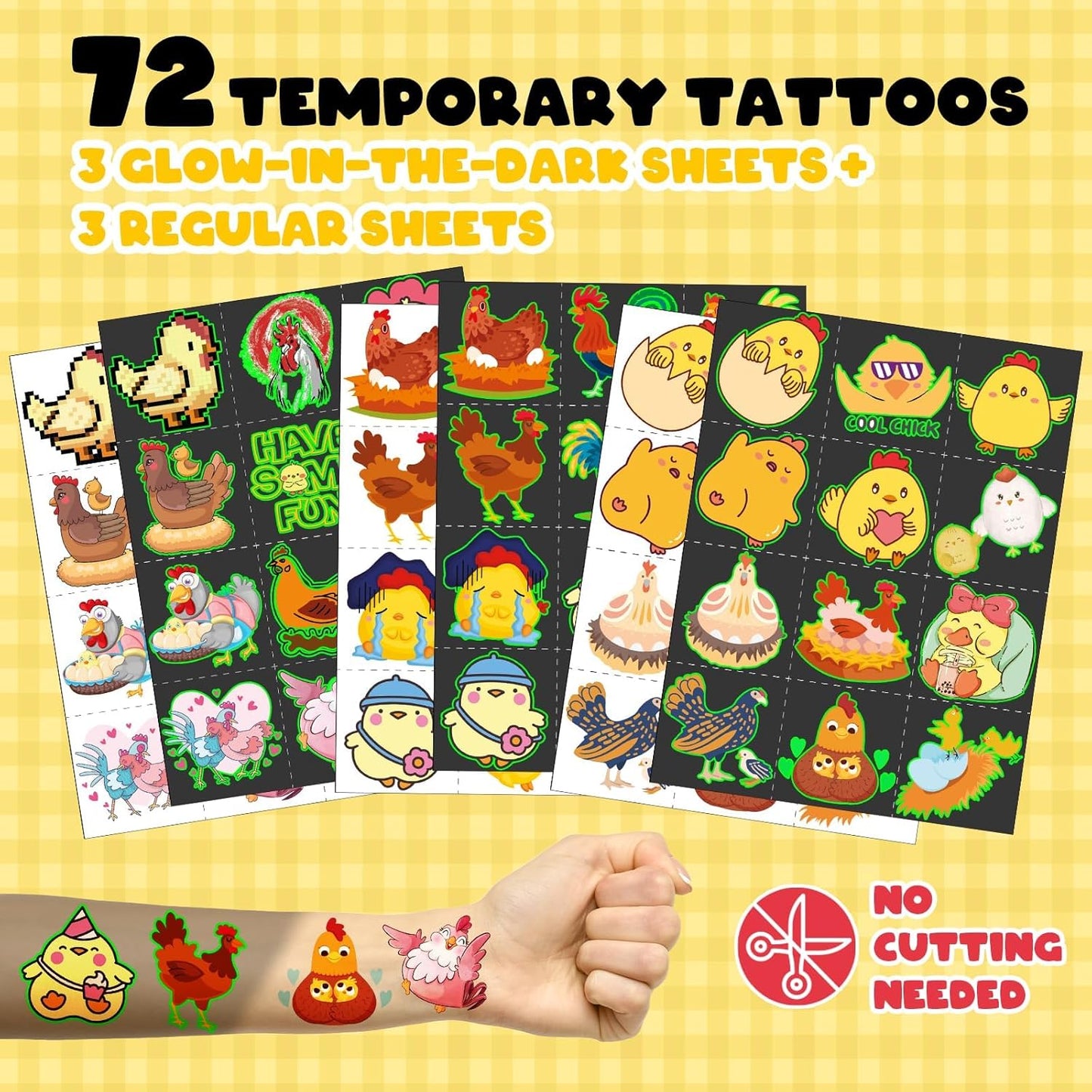 96 PCS Chicken Party Favors Set – 72 Pre-Cut Temporary Tattoos & 24 Slap Bracelets for Kids, Perfect for Farm-Themed Birthday Parties, Classroom Rewards & Barnyard Celebrations
