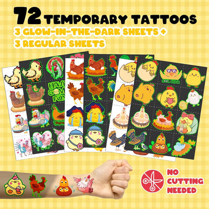 96 PCS Chicken Party Favors Set – 72 Pre-Cut Temporary Tattoos & 24 Slap Bracelets for Kids, Perfect for Farm-Themed Birthday Parties, Classroom Rewards & Barnyard Celebrations