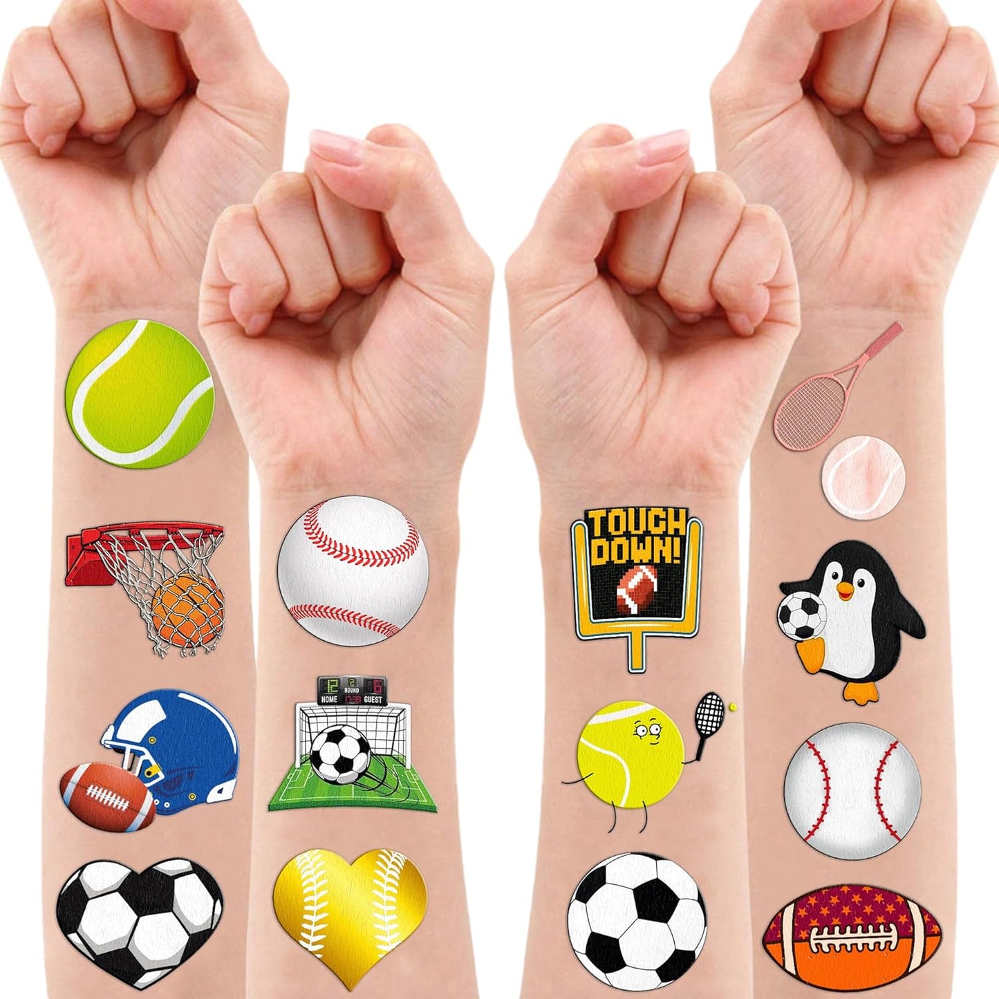 60 PCS Sports Ball Pre-Cut Temporary Tattoos Themed Birthday Party Decorations Favors Supplies Decor Basketball Football Baseball Soccer Tattoo Stickers Gifts For Boys Girls Class Prizes Carnival