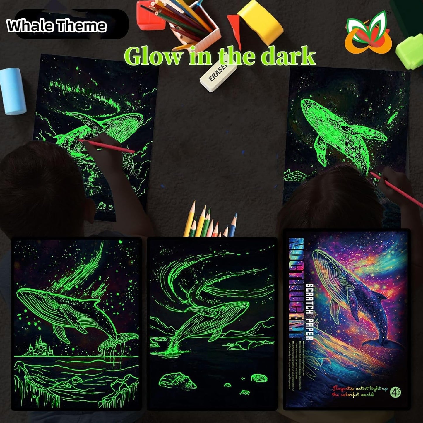 Georgie Porgy Scratch Paper Art Set for Kids Adults Magic Rainbow Scratchboards for DIY Arts and Crafts Kits Christmas Birthday Gift with Scratching Tools Kit (A4-Noctilucent Whale + Sea World)