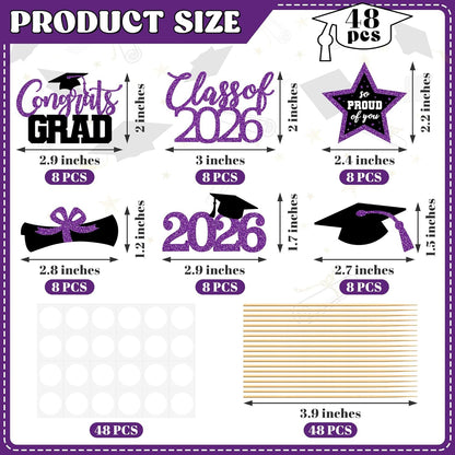 48 PCS Graduation Cupcake Toppers, Glittery 6 Styles Congrats Grad Cake Topper, Black and Red Graduation Decorations 2026, Cap and Diploma Cake Picks for Grad Party Supplies