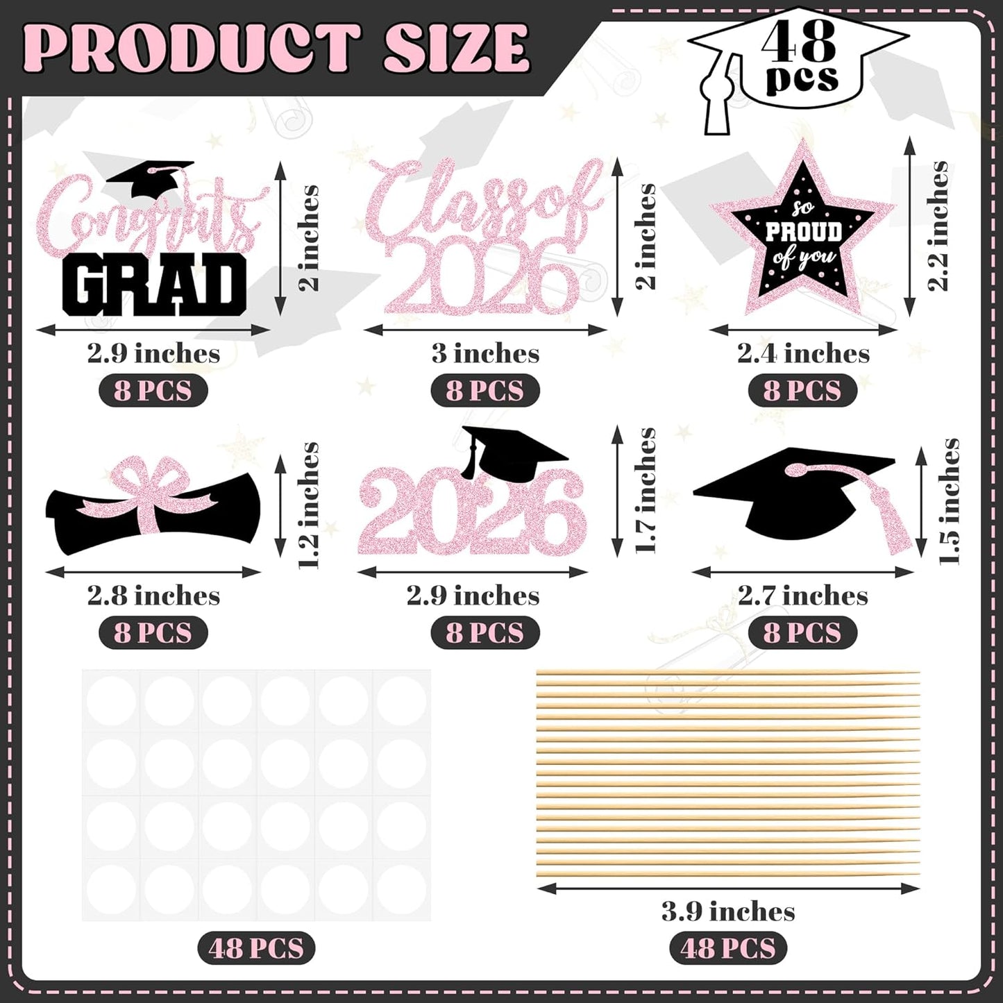 48 PCS Graduation Cupcake Toppers, Glittery 6 Styles Congrats Grad Cake Topper, Black and Red Graduation Decorations 2026, Cap and Diploma Cake Picks for Grad Party Supplies