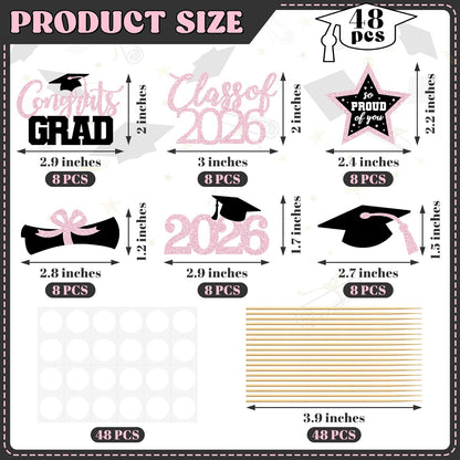 48 PCS Graduation Cupcake Toppers, Glittery 6 Styles Congrats Grad Cake Topper, Black and Red Graduation Decorations 2026, Cap and Diploma Cake Picks for Grad Party Supplies