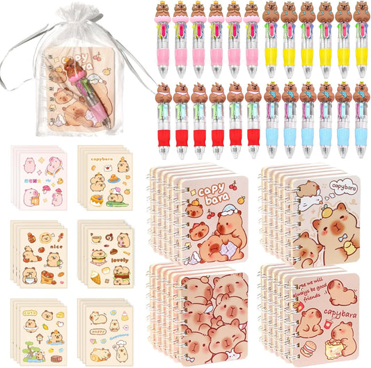 96 Pcs Capybara Gifts Bulk,4-in-1 Ballpoint Pens,Stickers,Notepads,Organza Bulk Gifts Set for Birthdays and Parties, Teachers School Office Party Favor Supplies